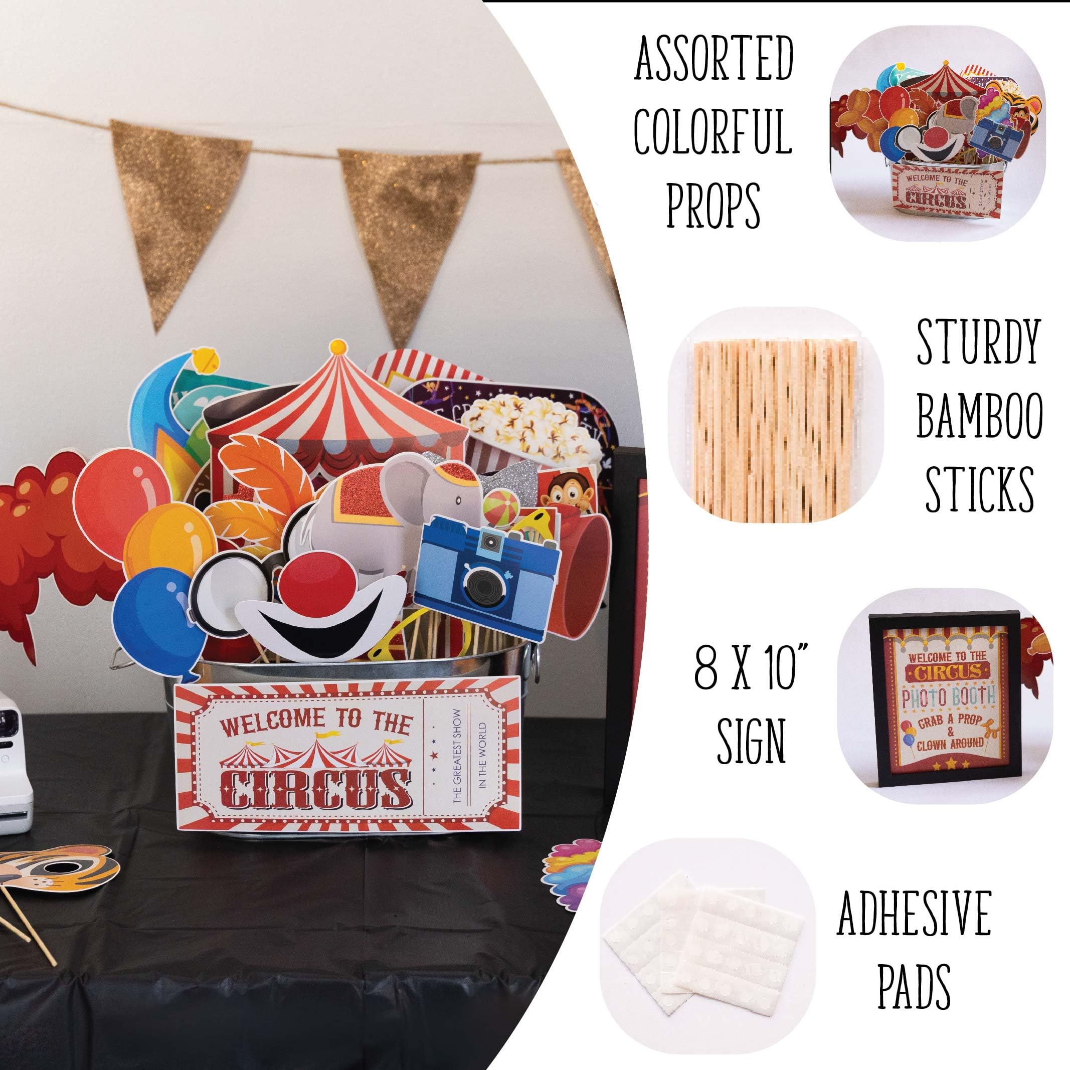 Carnival Photo Booth Props - 41-Pc Photobooth Kit With 8 X 10-Inch Sign, 60 Adhesive Pads, 45 Sticks - Circus Theme Party Decora